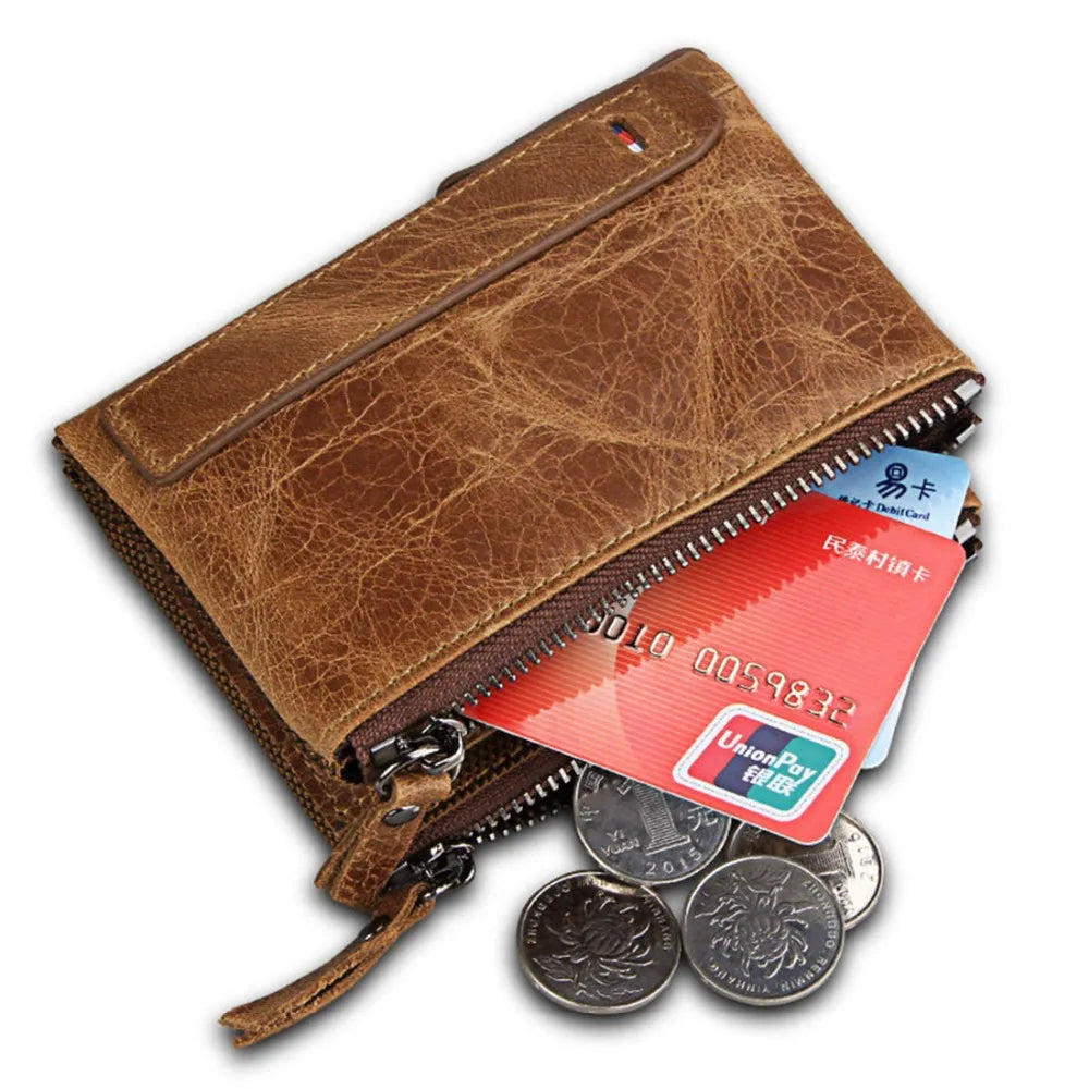 RFID Double Zipper Leather Wallet