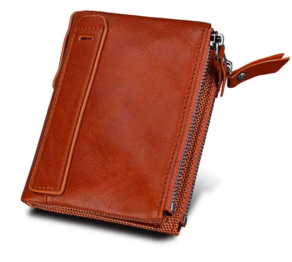 RFID Double Zipper Leather Wallet