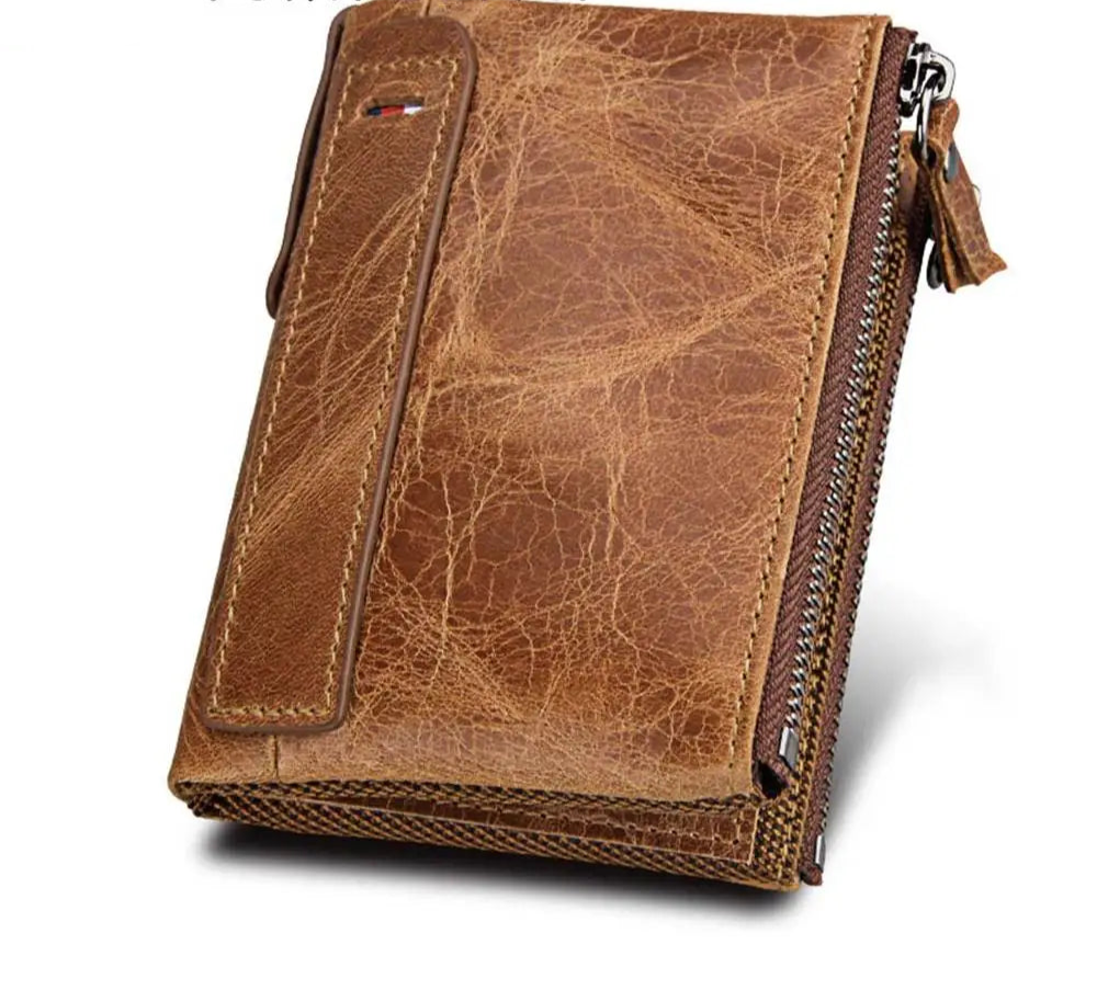 RFID Double Zipper Leather Wallet