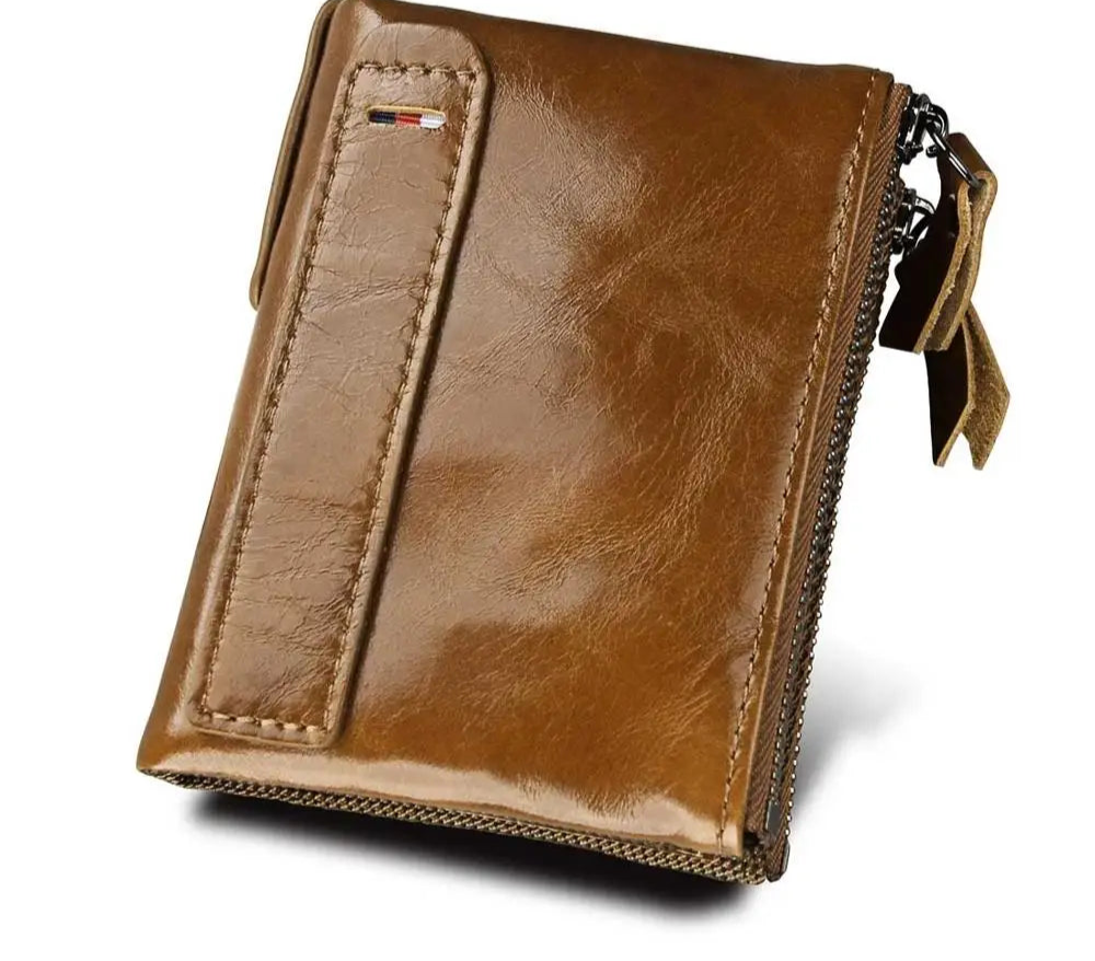 RFID Double Zipper Leather Wallet