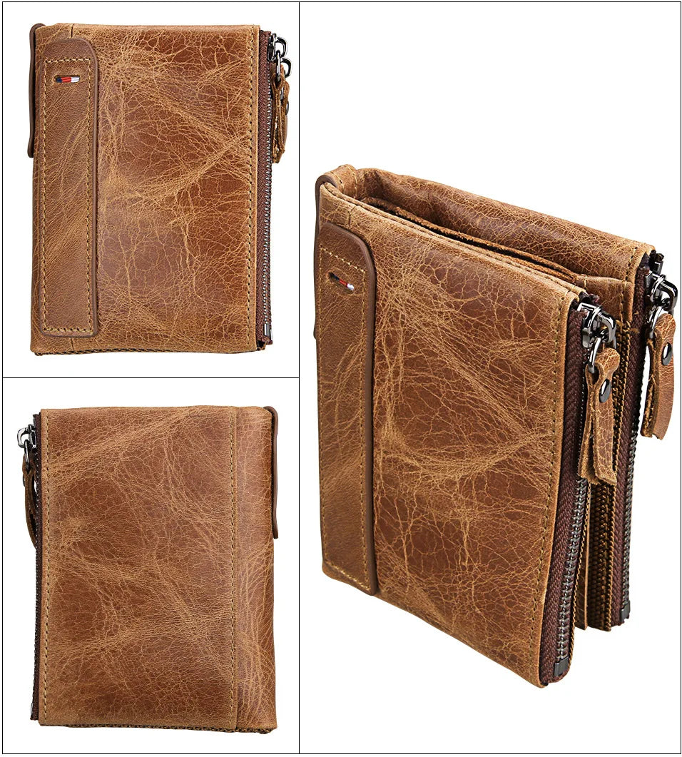 RFID Double Zipper Leather Wallet