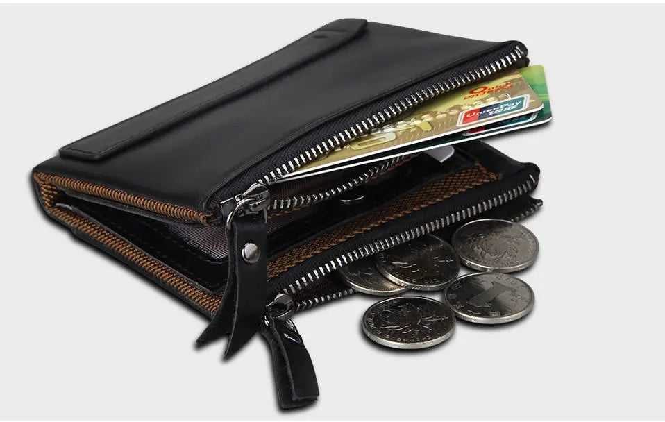 RFID Double Zipper Leather Wallet