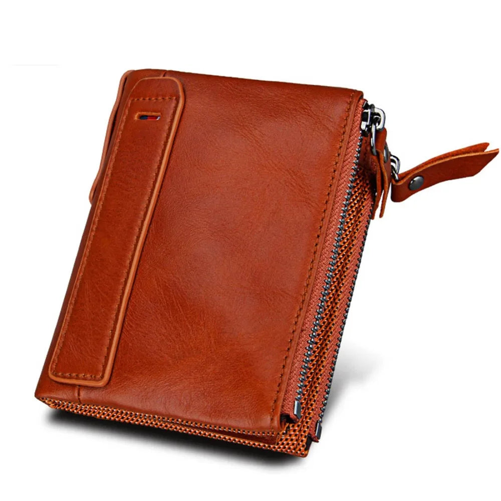 RFID Double Zipper Leather Wallet