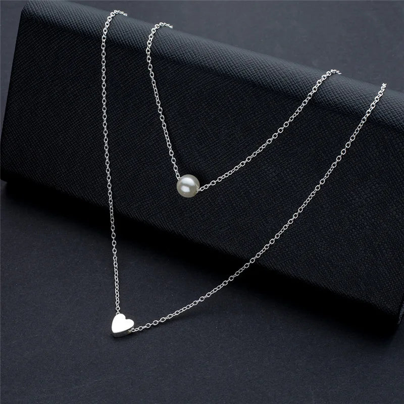 Silver Double-Layer Pearl & Heart Necklace