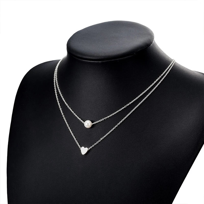 Silver Double-Layer Pearl & Heart Necklace