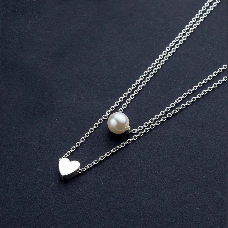 Silver Double-Layer Pearl & Heart Necklace