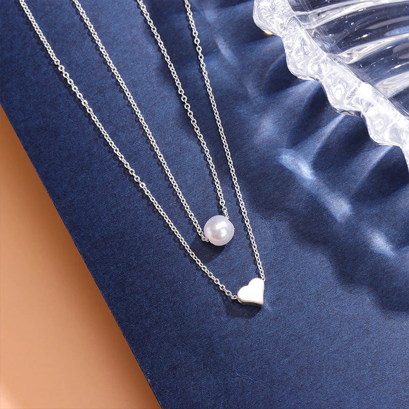 Silver Double-Layer Pearl & Heart Necklace