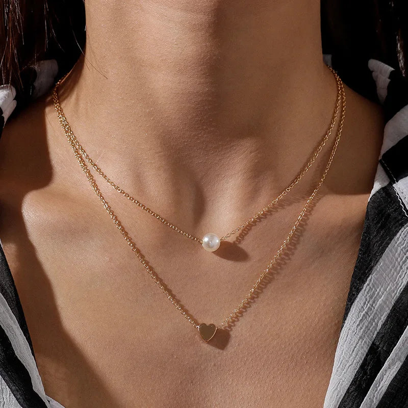 Silver Double-Layer Pearl & Heart Necklace